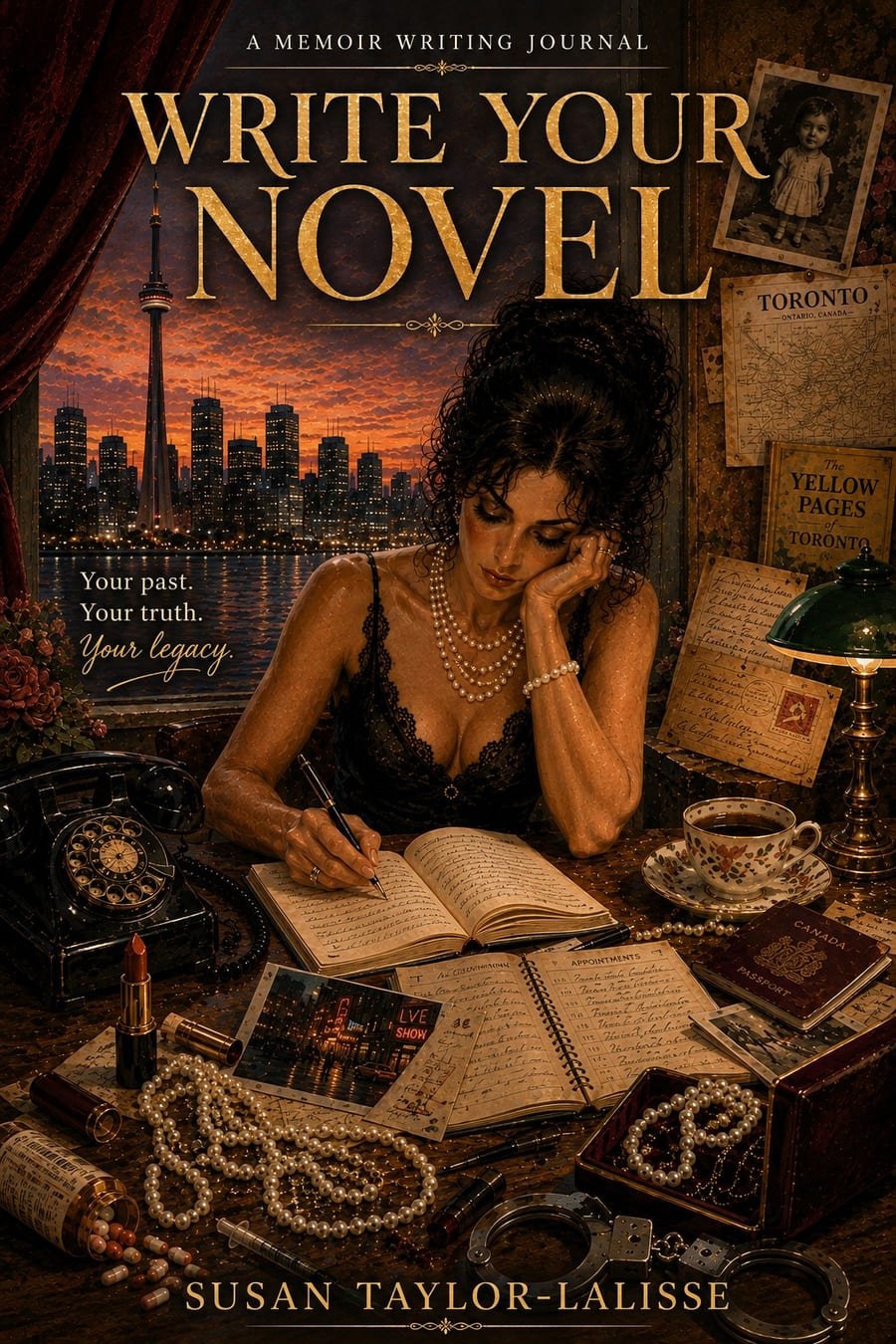 Cover of Write Your Novel, a memoir writing journal by Susan Taylor-Lalisse: a woman writing at a desk with the Toronto skyline at dusk through the window behind her